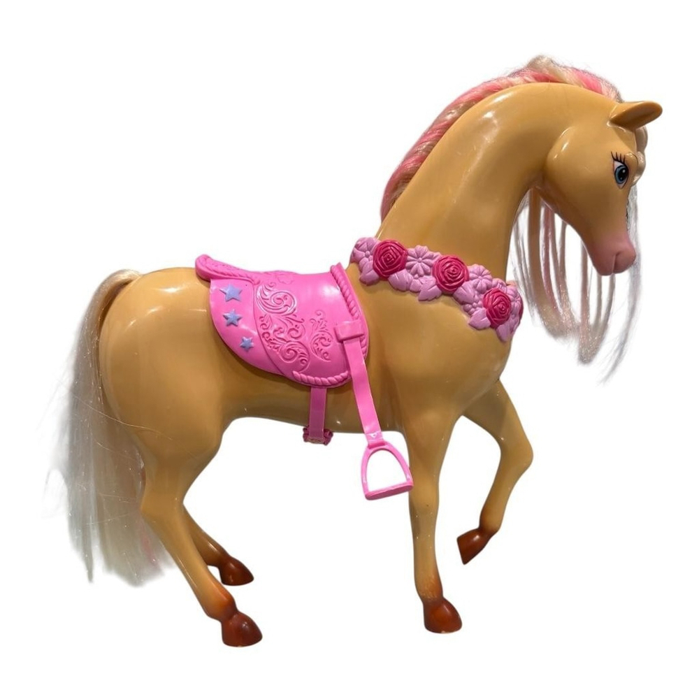Toy Horse Pony Figure Tan Pink Mane Tail Saddle Flowers Stars Doll Accessory